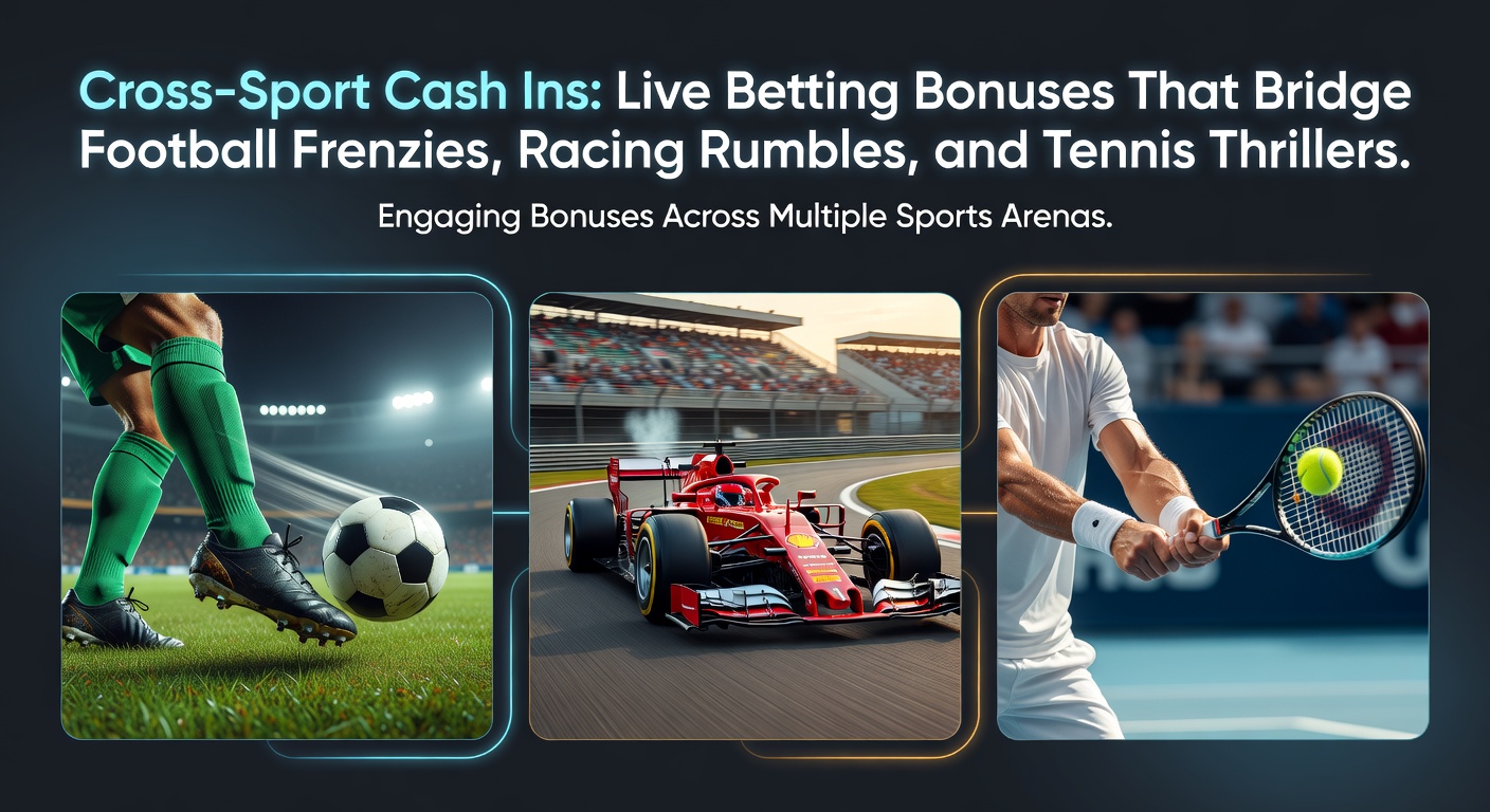 Vibrant collage showing live soccer goals, horse racing finishes, and tennis serves with overlaid betting interfaces highlighting cashback promotions
