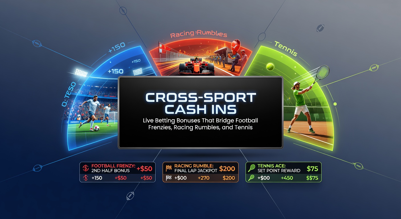 Split-screen display of a bookmaker app showing simultaneous live odds for a soccer match, horse race, and tennis rally with cashback bonus notifications popping up