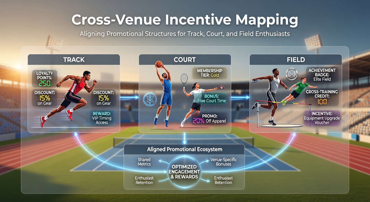 Visual representation of cross-venue promotional structures connecting track, court, and field sports incentives