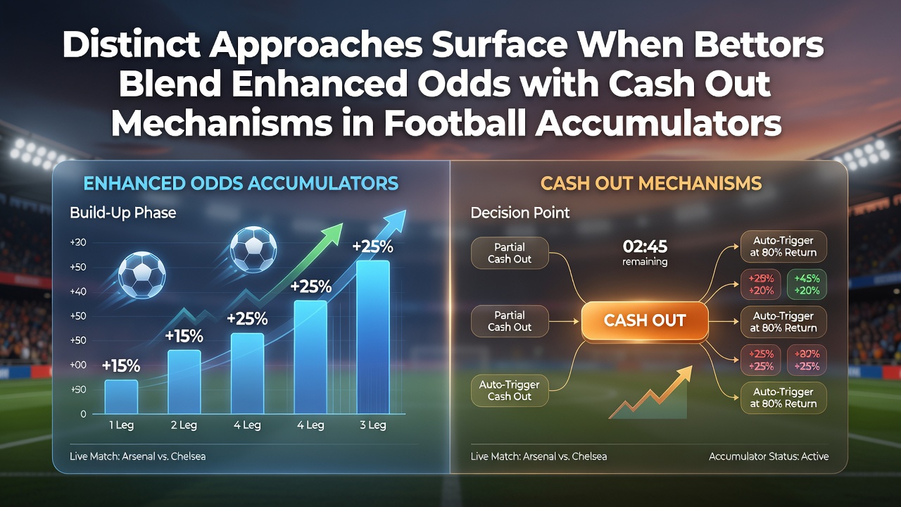 Football accumulator bettors reviewing enhanced odds and cash-out options on mobile apps during a live match