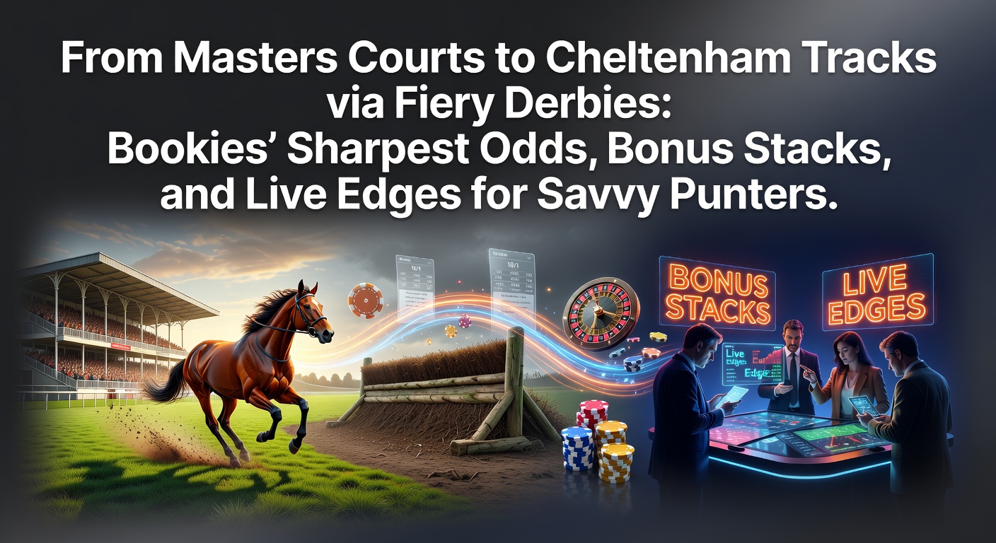 Vibrant scene of golf pros on lush Masters fairways merging with thundering Aintree horses and packed FA Cup stadium stands under April skies