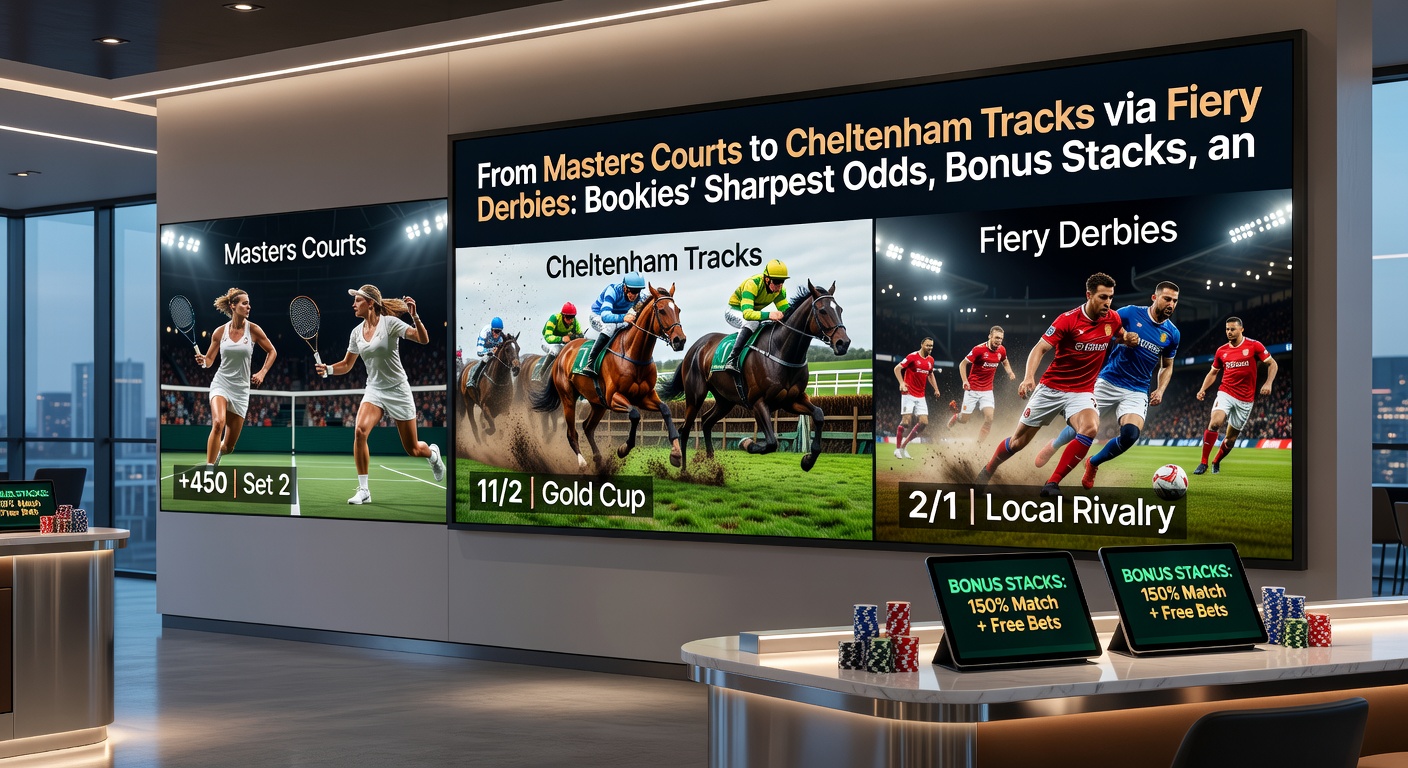 Dynamic collage capturing Aintree fences in full gallop, Masters pin flags fluttering, and FA Cup fans erupting in semi-final tension
