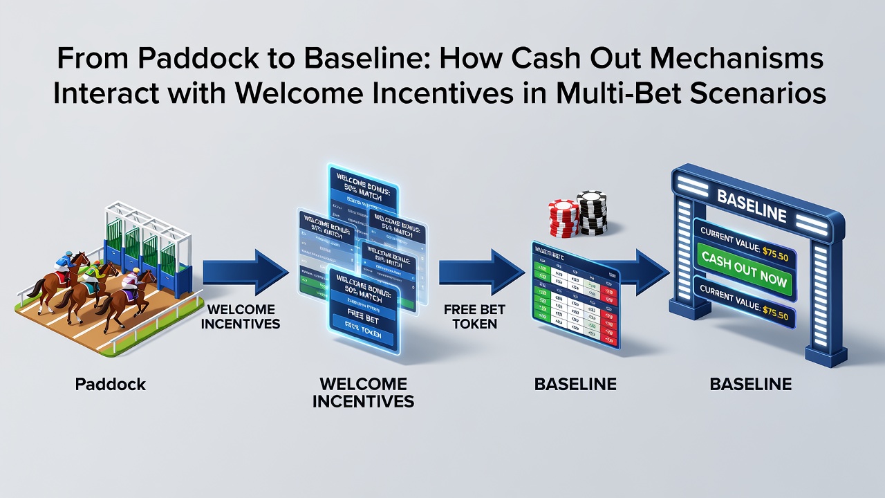 Tennis court and racecourse split view illustrating accumulator tracking with cash-out sliders