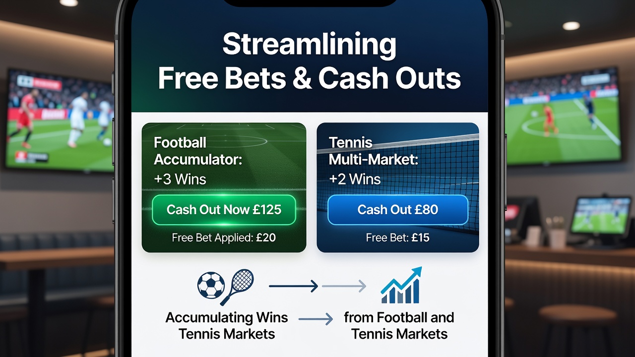Mobile betting interface showing free bet options and accumulator builder for football and tennis markets