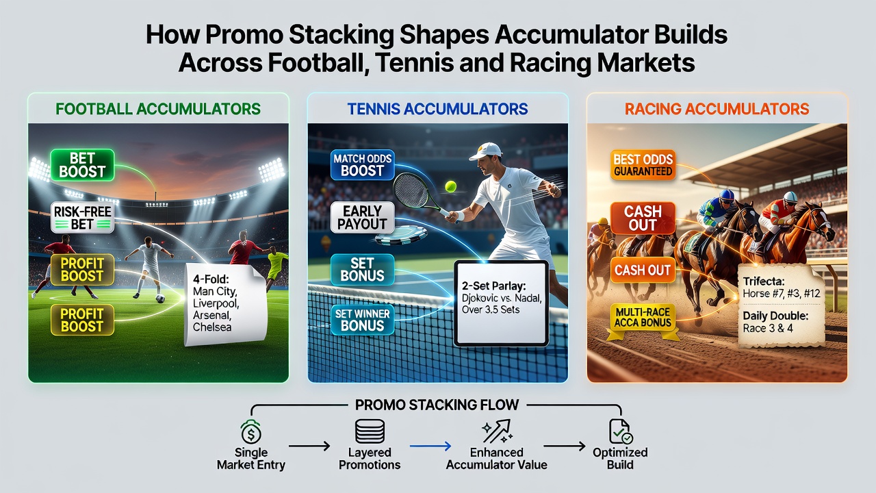 Visual breakdown of stacked promotions applied to tennis and racing accumulator legs