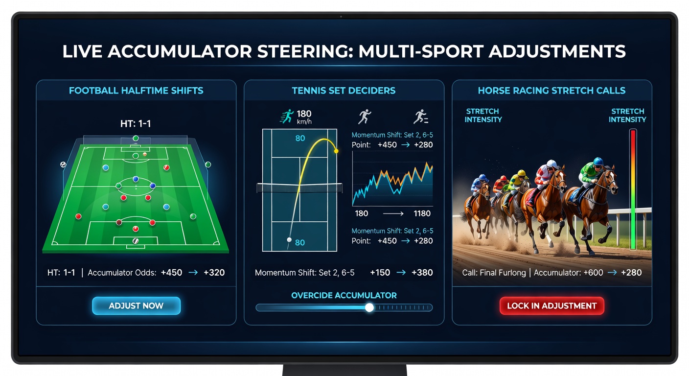 Betting app interface showing live accumulator adjustments during a football match halftime