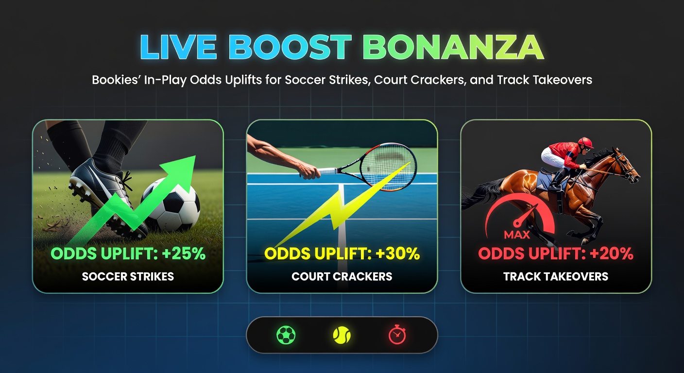 Dynamic in-play betting screen showing odds boosts during a live soccer match, with surging multipliers on goal scorers