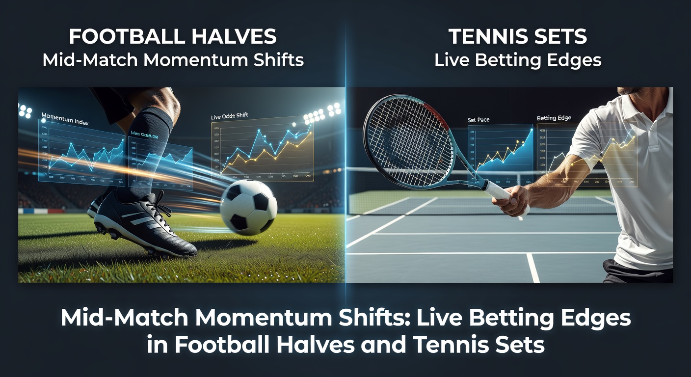 A tense soccer match where a player scores, shifting momentum mid-half, with live odds flashing on a screen nearby