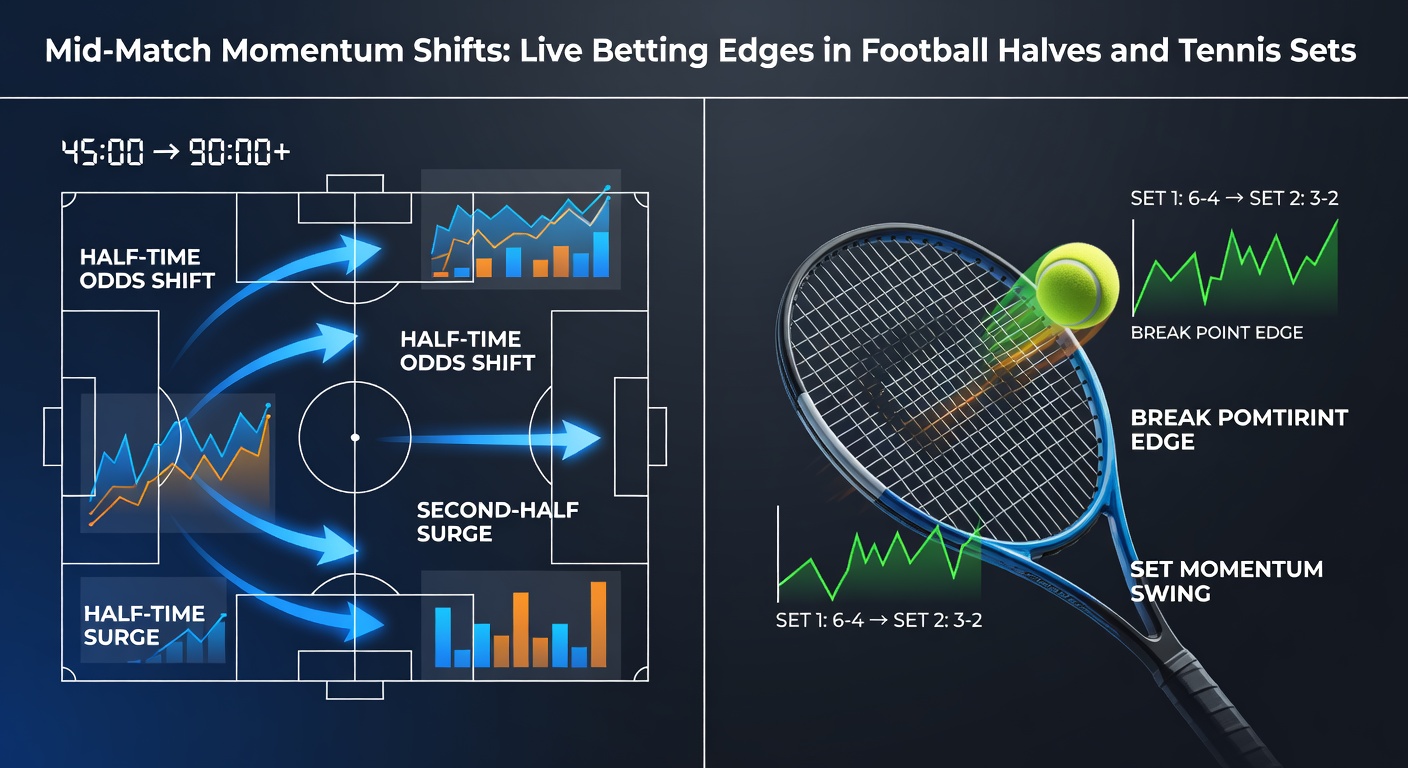 A tennis player celebrating a crucial break point in a set, with live betting odds updating on a digital display in the background
