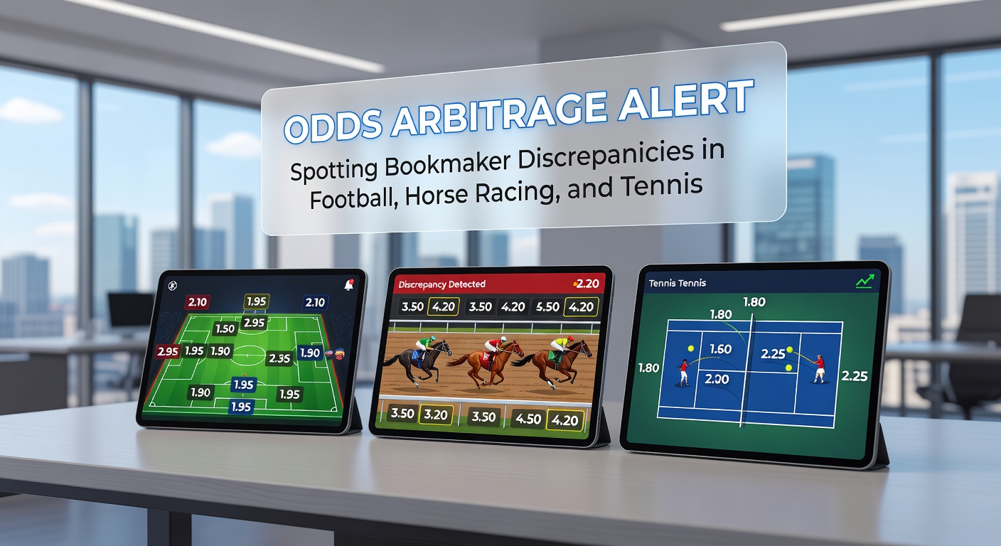 Digital dashboard displaying mismatched odds across multiple bookmakers for a Premier League football match, highlighting potential arbitrage opportunities
