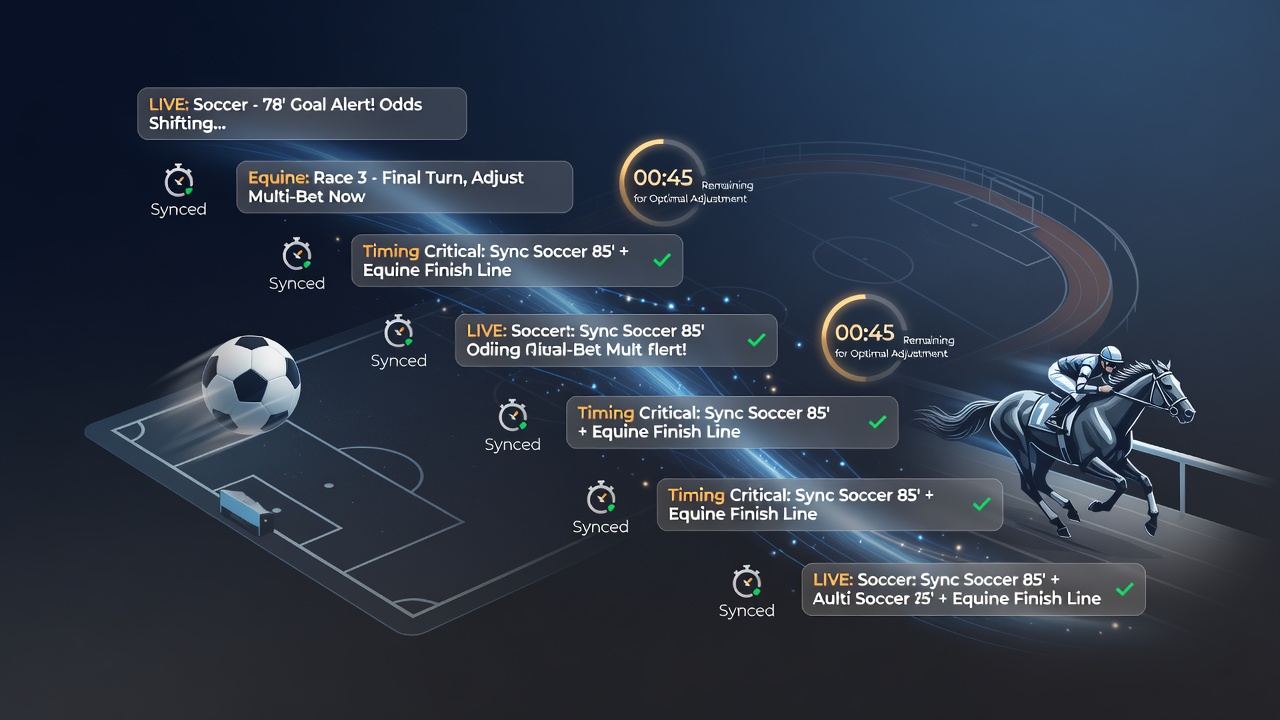 Platform interface displaying cascading notifications for live soccer and horse racing bets