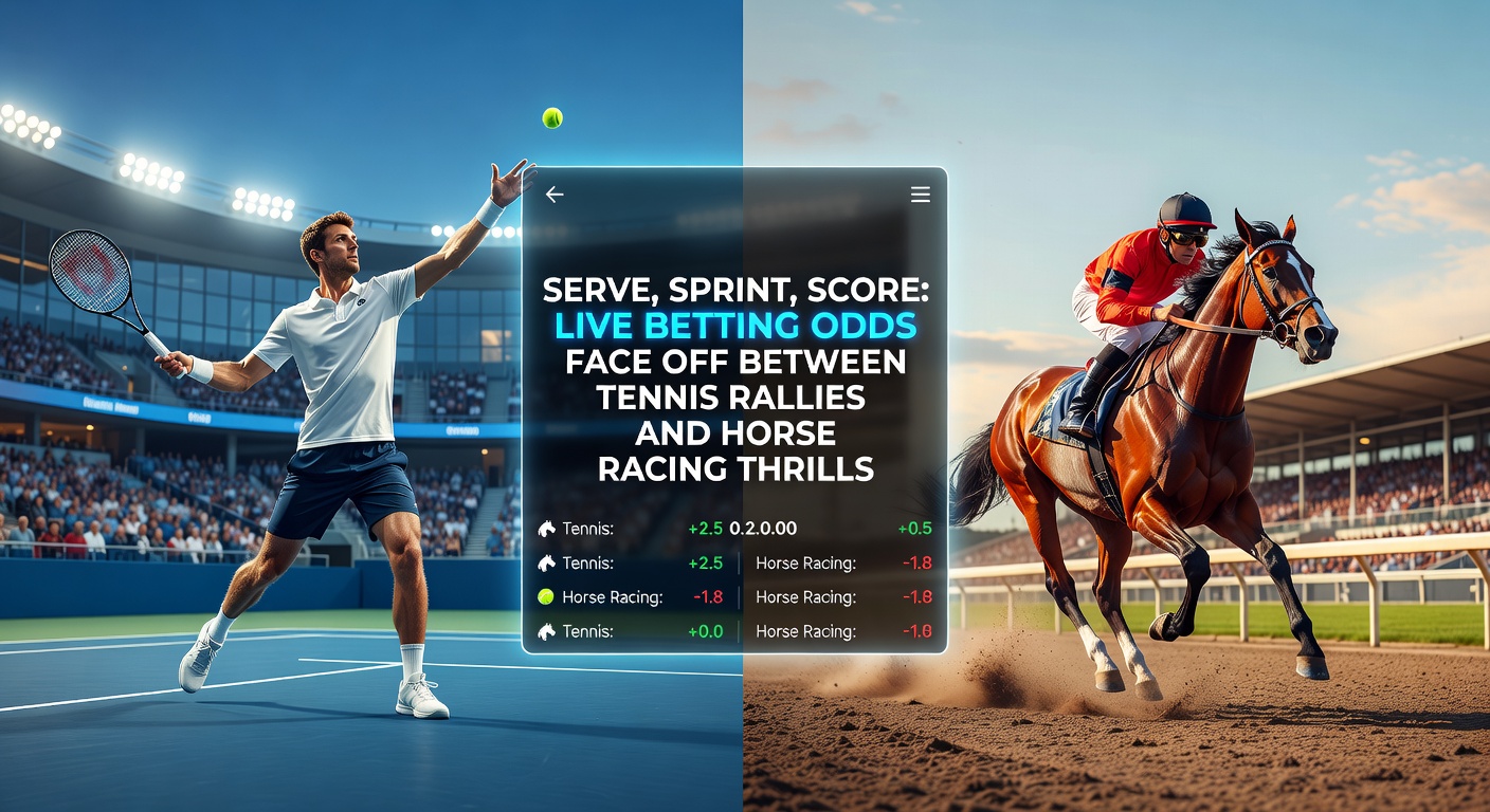 Dynamic split image of a tennis player mid-serve during a intense rally and horses thundering down the final straight in a high-stakes race