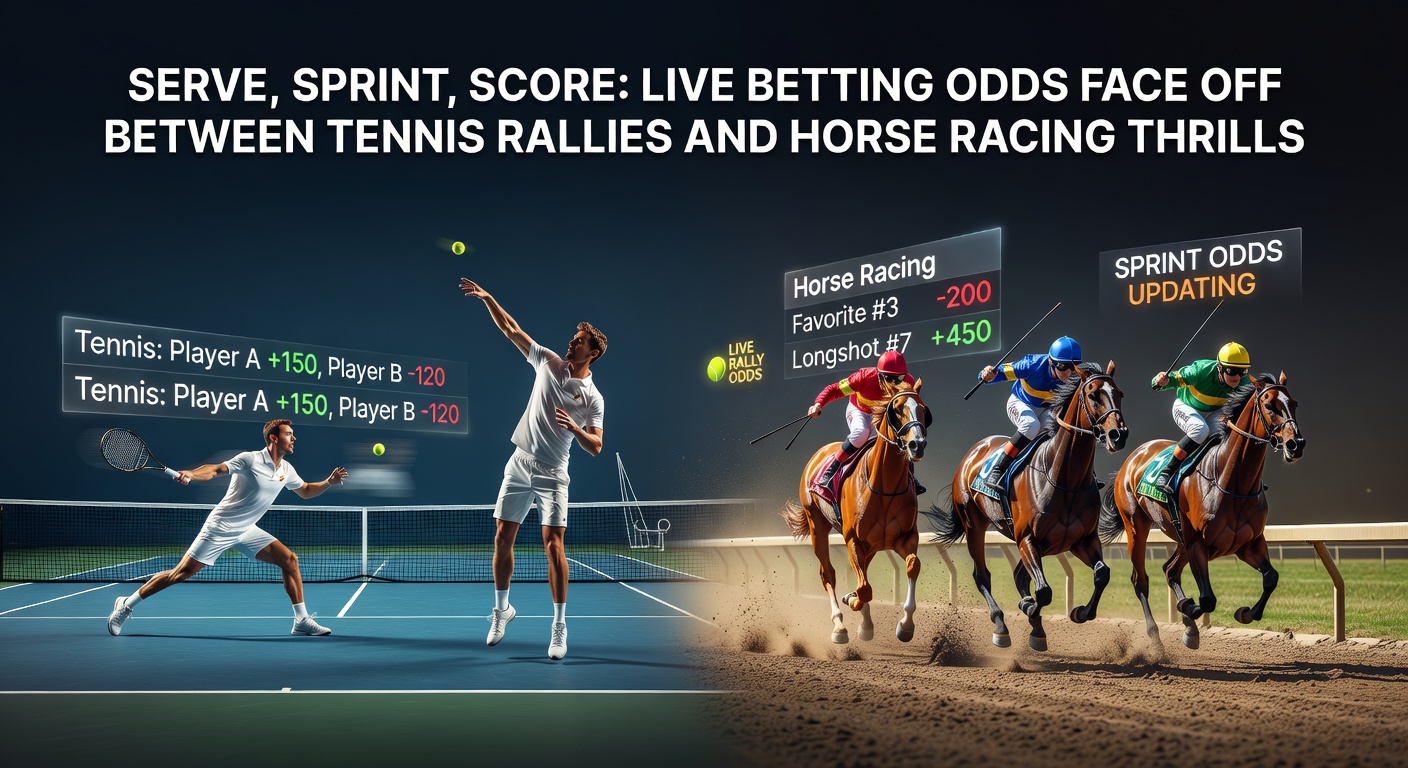 Close-up comparison graphic showing fluctuating live odds charts for a tennis match point and a horse race final furlong overlayed on action shots