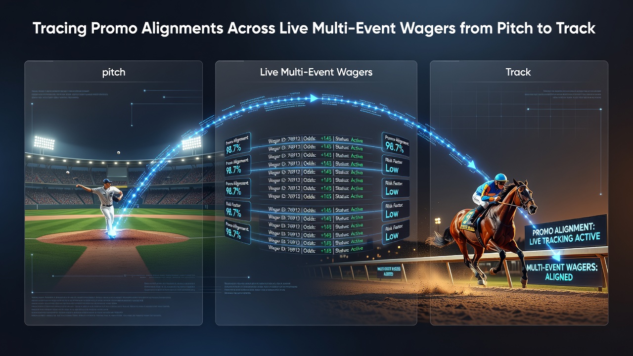 Promo alignment visualization across betting platforms showing live wager flows from pitch to track