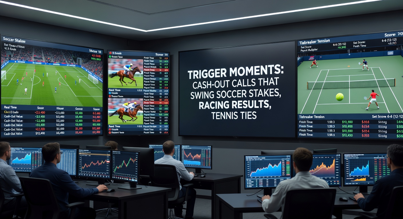 Horse racing photo finish with jockeys neck-and-neck, digital overlay showing cash-out prompt amid surging odds during the final stretch