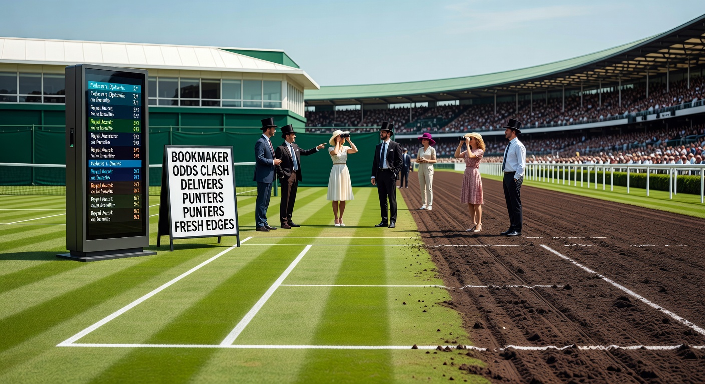 Vibrant scene of Wimbledon tennis court grass blending into Ascot racecourse turf, with overlaid bookmaker odds displays highlighting divergent lines