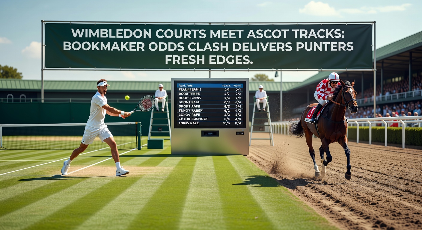 Close-up of digital screens displaying clashing odds for a Wimbledon match and Ascot race, with punter's hand pointing to value bets amid colorful bookmaker logos